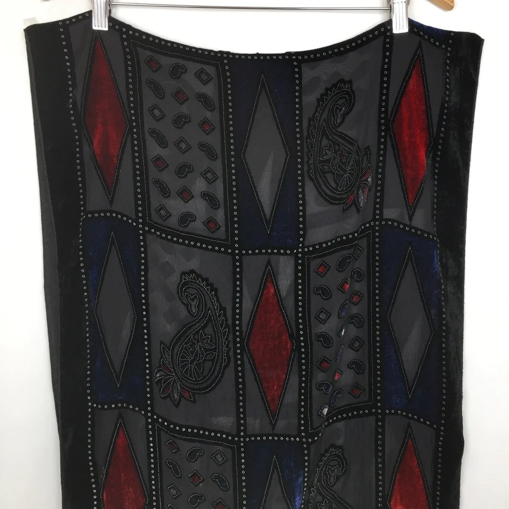 Black Velvet Burnout Paisley Silk-Blend Shawl Scarf Wrap Red & Blue Diamonds